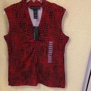 Josephine Chaus Red and Black Patterned Cap-Sleeve Top